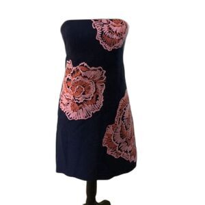 Lilly Pulitzer Navy Blue Strapless Dress Large Pink Embroidered Flower Sz 4 ***